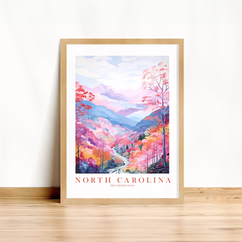 North Carolina Travel Poster Tarheel State Print Retro Pink Orange Blue Ridge Mountains Landscape Painting Dorm Bedroom Instant Download image 1