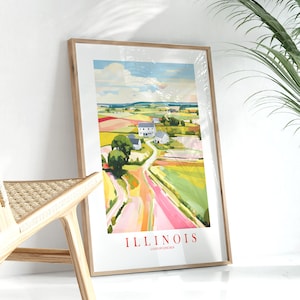 Póster de viaje de Illinois, impresión del estado de Lincoln, pintura de paisaje rural retro de color rosa y naranja, arte de pared imprimible