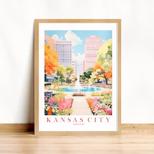 Kansas City Travel Print Missouri Gift Green Teal Orange Pink Wall Art MO Retro Landscape Poster, Printable Wall Art