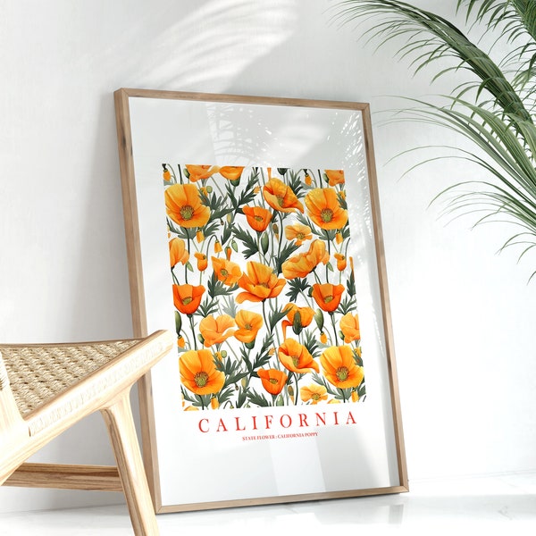 California Poppy Flower Market Decor Bedroom Poster Orange Wall Art Kitchen Floral Bathroom Print Gift for Her California State Download