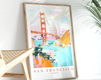 San Francisco Poster Retro Pink Teal Orange, Golden Gate Bridge Print Dorm RV Camping Travel Print, Instant Download