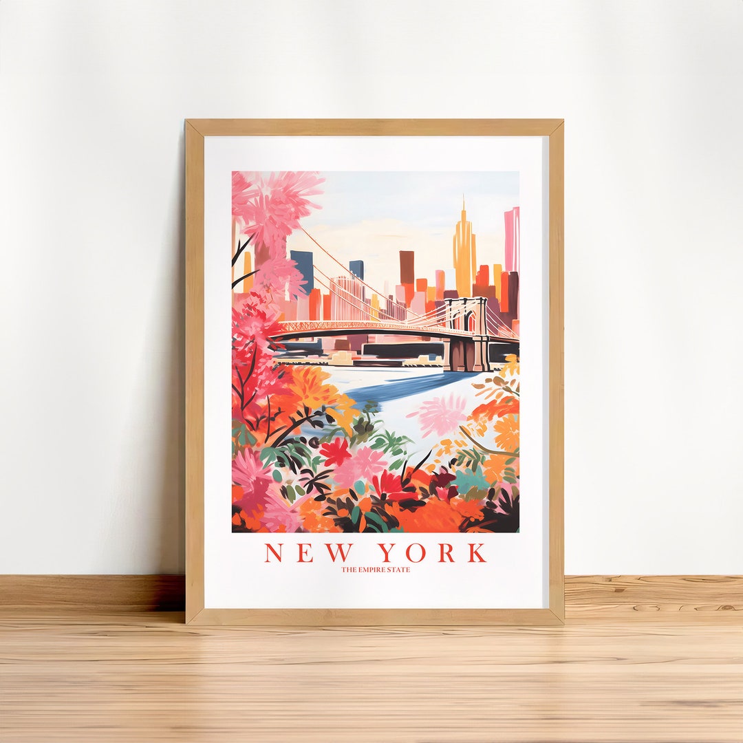 New York Retro Travel Poster Empire State Print Pink Orange NYC ...