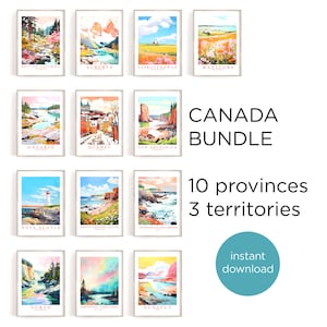 Canada Print Set, Travel Posters of 10 Provinces 3 Territories Bundle Home Decor Canadian Scenery Landscape Paintings, Printable Wall Art