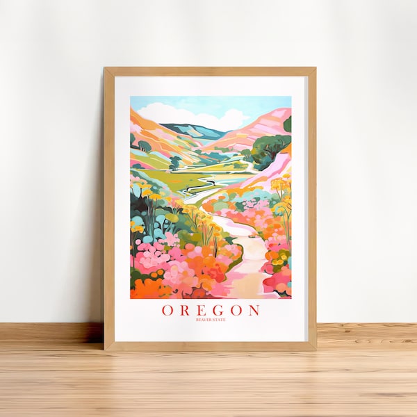 Oregon Pink Orange Retro Travel Poster Beaver State Print Motto Nickname Painting Winding Road Mountains Scenery Landscape INSTANT DOWNLOAD