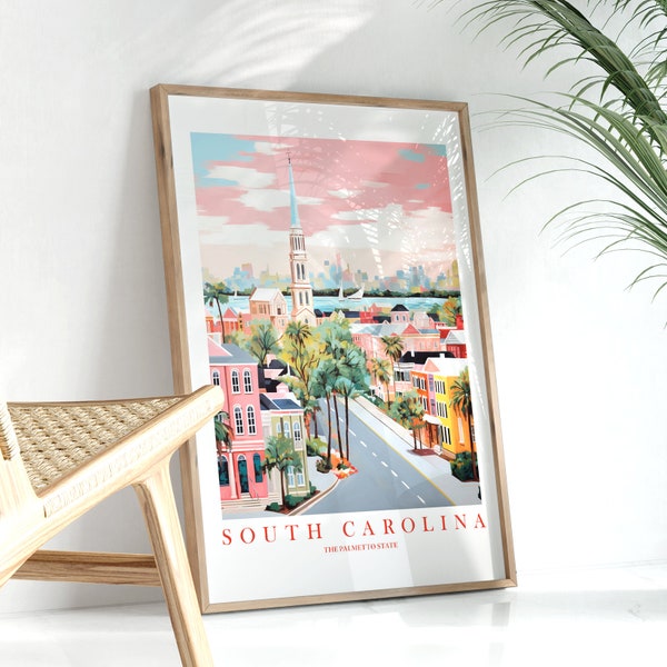 South Carolina Print Reise Poster Palmetto State, Retro Pink Orange Petrol Malerei Main Street Landschaft, digitaler Download