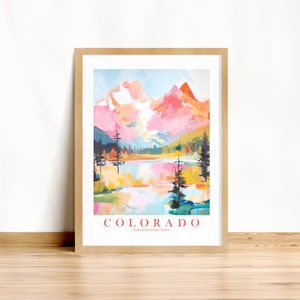 Póster de viaje de Colorado con el estado del centenario, impresión retro rosa, naranja, verde azulado, acuarela, Montañas Rocosas, dormitorio, cocina, dormitorio, descarga instantánea