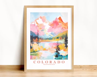 Colorado Travel Poster Centennial State Print Retro Pink Orange Teal Watercolor Rocky Mountains Dorm Kitchen Bedroom Instant Download