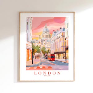 Cartaz de viagem de Londres, Inglaterra, Grã-Bretanha, Reino Unido, impressão, rosa, azul, vermelho, imagem, rua principal, horizonte da cidade, arte de parede para impressão britânica