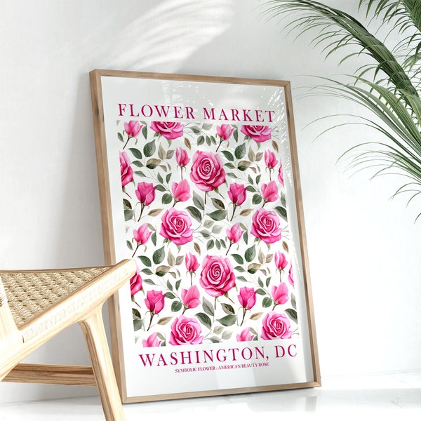 Washington DC State Flower Print Pink Rose Floral Wildflower Wall Art DC Flower Market Poster Instant Download