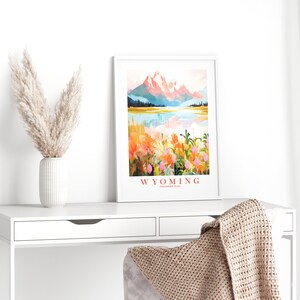 Wyoming Retro Travel Poster Cowboy State Pink Orange Print Grand Tetons National Park Painting Mountains Wall Art, Instant Download image 6