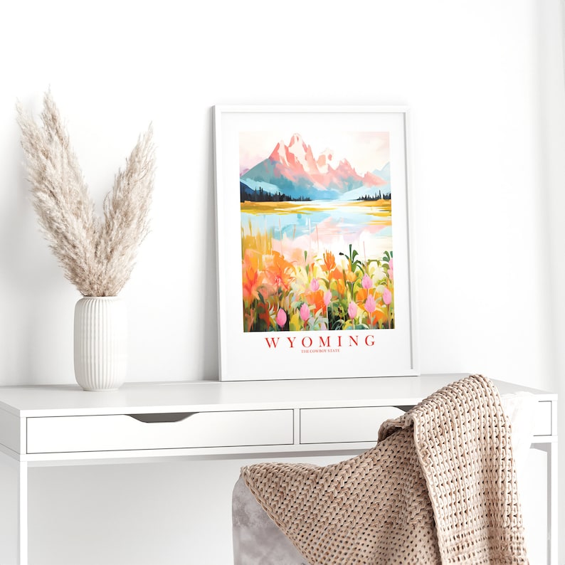 Wyoming Retro Travel Poster Cowboy State Pink Orange Print Grand Tetons National Park Painting Mountains Wall Art, Instant Download image 6