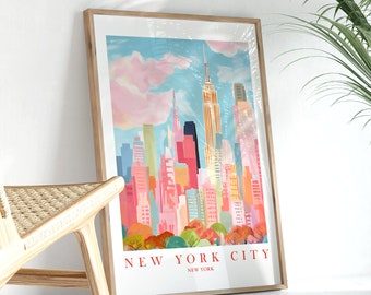 New York City Poster Manhattan Wall Art Travel Print NY City Skyline Retro Pink Orange Teal Painting, Instant Download