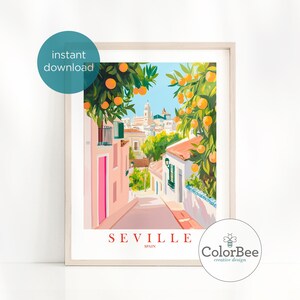 May include: A colorful illustration of a street scene in Seville, Spain. The street is lined with buildings and orange trees. The text "SEVILLE" and "SPAIN" are at the bottom of the image. The image is by ColorBee creative design.