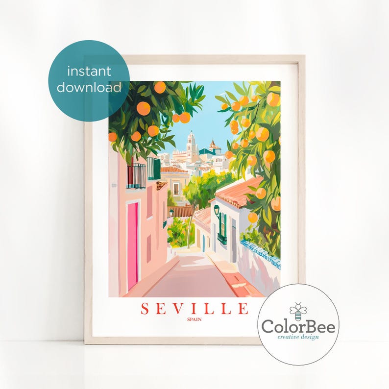 May include: A colorful illustration of a street scene in Seville, Spain. The street is lined with buildings and orange trees. The text "SEVILLE" and "SPAIN" are at the bottom of the image. The image is by ColorBee creative design.