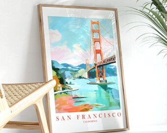 San Francisco Poster California Travel Wall Art Golden Gate Bridge Picture Retro Pink Orange Teal Painting, Instant Download