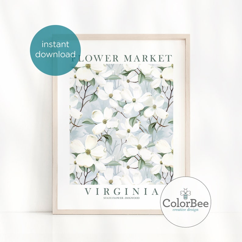 Virginia State Flower Dogwood Print Ivory Green Blue Floral Wildflower Wall Art VA Flower Market Poster Instant Download image 2