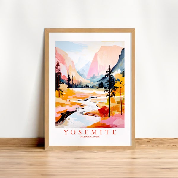 Yosemite Print National Park Poster California Wall Art Landscape Painting Retro Pink Orange Teal Travel Picture CA, Printable Download