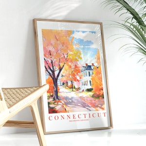 Connecticut Travel Poster,  Constitution State Print Retro Orange Pink Teal Painting CT Instant Download