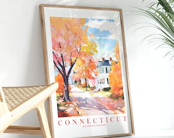 Affiche de voyage dans le Connecticut, impression sur l'État de la Constitution rétro orange rose sarcelle, peinture CT, téléchargement immédiat