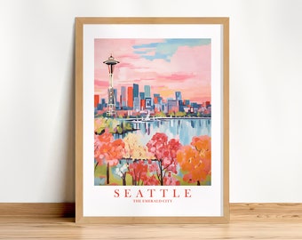 Reseposter med Seattle-silhuett, Emerald City-väggkonsttryck, retro rosa orange blågrön souvenirlandskapsmålning, utskrivbar nedladdning
