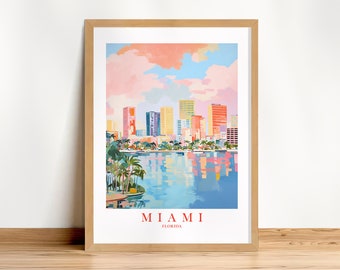 Miami Travel Poster City Skyline Print, Retro Pink Orange Teal Wall Art Biscayne Bay Painting Florida Landscape Dorm, Instant Download