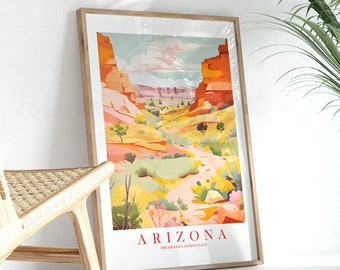 Może przedstawiać: Ramka z plakatem przedstawiającym kolorową ilustrację kanionu w Arizonie. Na plakacie widnieje napis "Arizona, The Grand Canyon State" u dołu.