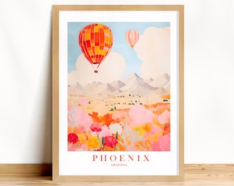 Poster di Phoenix, Arizona, stampa murale retrò con mongolfiera rosa e arancione, skyline dell'Arizona, download immediato