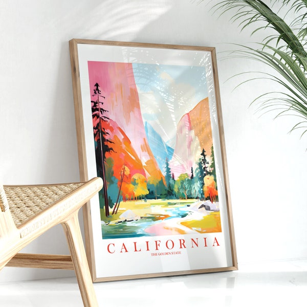 California Travel Poster Retro Pink Orange Teal, Golden State Print Yosemite Landscape Painting Dorm Kitchen Bedroom Instant Download
