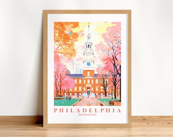 Philadelphia Travel Poster City Wall Art Print Pennsylvania Retro Pink Orange Teal Landscape Painting, Instant Download