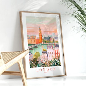 Impressão de viagem de Londres, pôster do Big Ben da Inglaterra, rosa, azul, vermelho, imagem do horizonte do Reino Unido, presente britânico para família, arte de parede para impressão