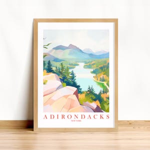 Adirondacks Travel Poster New York Mountains NY Gift Green Teal Orange Pink Wall Art Retro Landscape Poster, Printable Wall Art