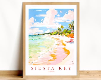 May include: A colorful illustration of a beach scene with a pink sandy beach, turquoise water, and palm trees. The text "SIESTA KEY FLORIDA" is at the bottom of the image.