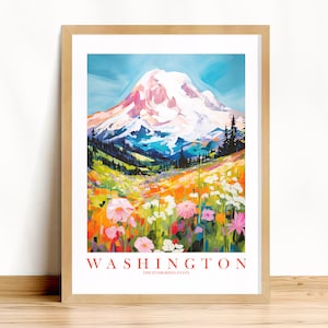Póster de viaje de Washington, impresión artística de pared con montañas, estado de Evergreen, pintura retro de vacaciones en rosa, naranja y verde azulado, descarga instantánea