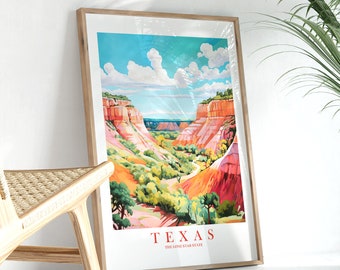 Texas Retro Travel Poster Lone Star State Print Rose Orange Sarcelle Devise Palo Duro Paysage Peinture Dortoir Cuisine Chambre Téléchargement instantané