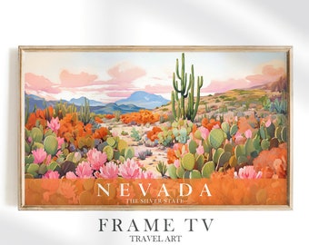 Frame TV Art, Nevada Travel Wall Art, Southwestern Desert Cactus, Silver State, Retro Orange Pink Green, Instant Download