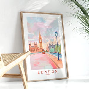 Impressão de Londres, Inglaterra, Grã-Bretanha, paisagem, rosa, azul, verde, pôster de viagem, impressão do horizonte britânico, Reino Unido, Big Ben, arte de parede para impressão
