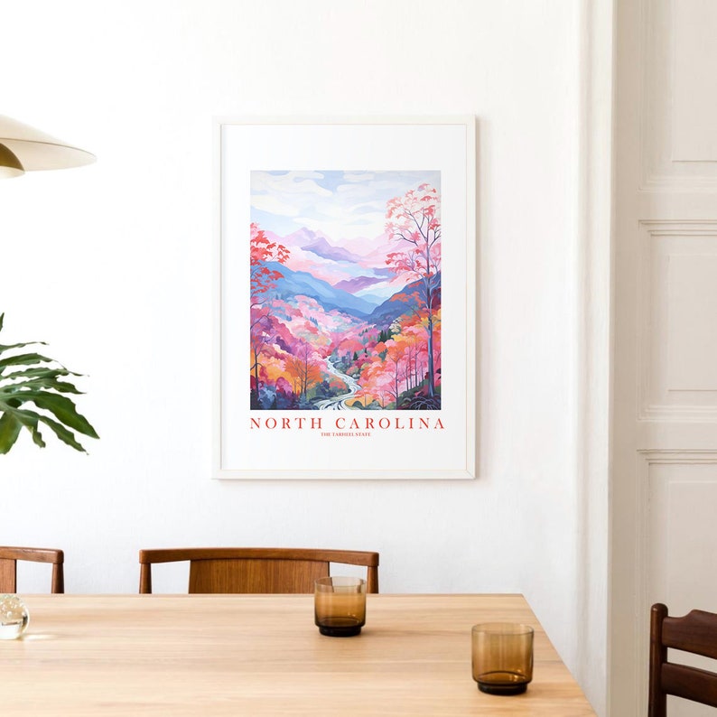 North Carolina Travel Poster Tarheel State Print Retro Pink Orange Blue Ridge Mountains Landscape Painting Dorm Bedroom Instant Download image 8