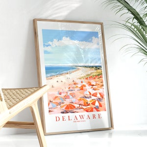 Delaware Travel Poster, The First State Print Retro Pink Orange Teal Painting Beach Landscape Painting, Instant Download
