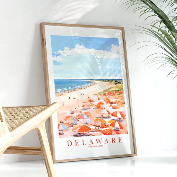 Delaware Travel Poster, The First State Print Retro Pink Orange Teal Painting Beach Landscape Painting, Instant Download