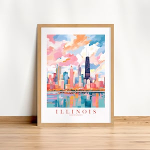 Illinois Travel Poster Land Of Lincoln State Print Pink Orange Retro Chicago Skyline Painting Scenery Landscape, Instant Download