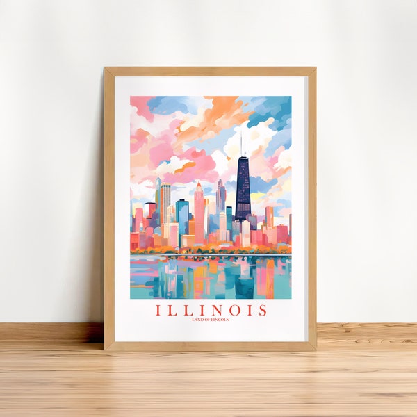 Illinois Travel Poster Land Of Lincoln State Print Pink Orange Retro Chicago Skyline Painting Scenery Landscape, Instant Download