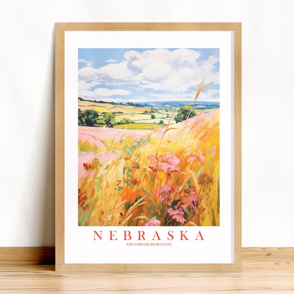 Nebraska Travel Poster, Cornhusker State Print Retro Pink Orange Teal Art Rural Landscape Painting Dorm Kitchen Bedroom, Instant Download