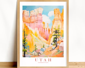 Bryce Canyon Utah Print Retro Travel Poster Beehive State Painted  Print Scenery Landscape Picture, INSTANT DOWNLOAD