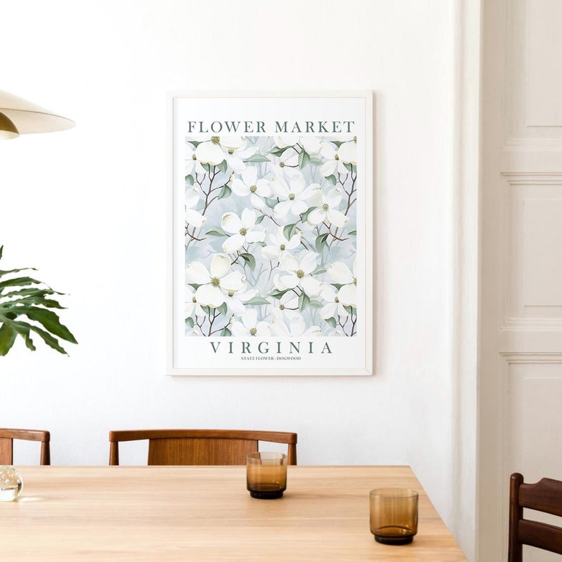 Virginia State Flower Dogwood Print Ivory Green Blue Floral Wildflower Wall Art VA Flower Market Poster Instant Download image 4