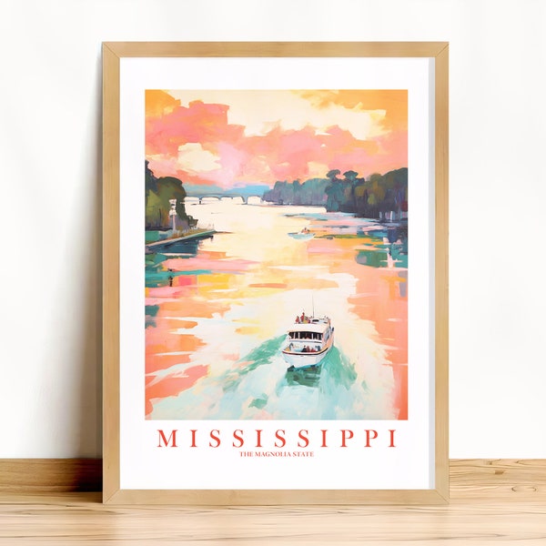 Mississippi Travel Poster, Magnolia State Print Retro Pink Orange Teal Painting Mississippi River Landscape, Instant Download