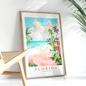Florida Travel Poster Sunshine State Print Retro Pink Orange Teal Beach Painting Landscape Dorm Kitchen Bedroom Instant Download