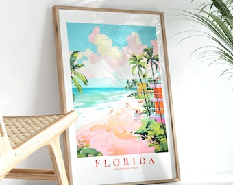 Florida Travel Poster Sunshine State Print Retro Pink Orange Teal Beach Painting Landscape Dorm Kitchen Bedroom Instant Download