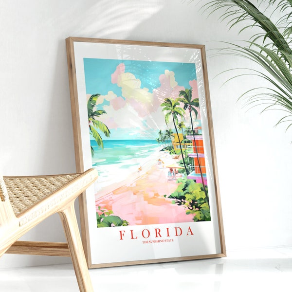 Florida Travel Poster Sunshine State Print Retro Pink Orange Teal Beach Painting Landscape Dorm Kitchen Bedroom Instant Download
