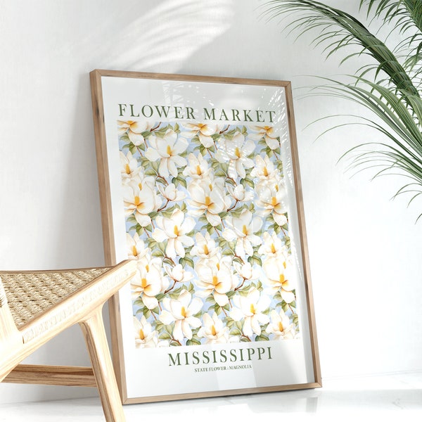 Mississippi Magnolia State Flower Print Ivory Green Floral Botanical Wall Art MS Flower Market Poster, INSTANT DOWNLOAD