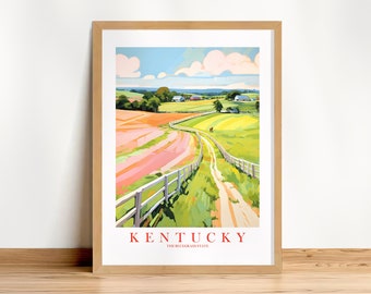 Kentucky Travel Poster, Bluegrass State Pink Green Retro Print Landscape Painting Horses Scenery, Instant Download